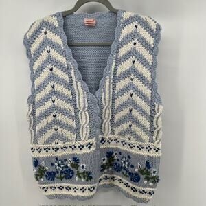 VTG Haband Cardigan Knit Sweater Vest Womens M Blue Embroidered Floral Cottage